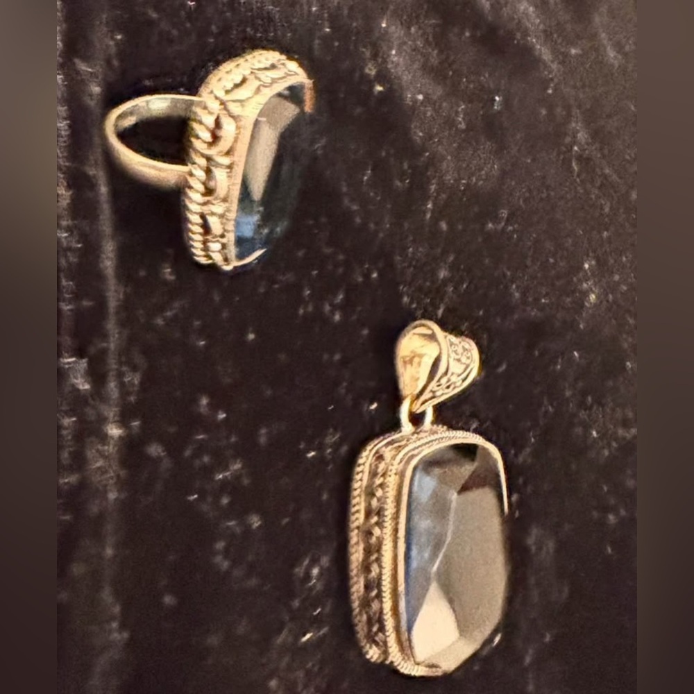 (X2 set) Sterling Silver 925 and lab created Sapphire Set Size 9 Ring & Pendant